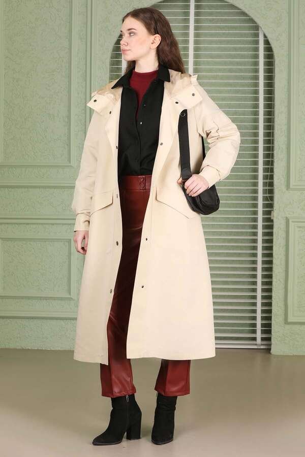 Hooded With Pockets Trench Cream