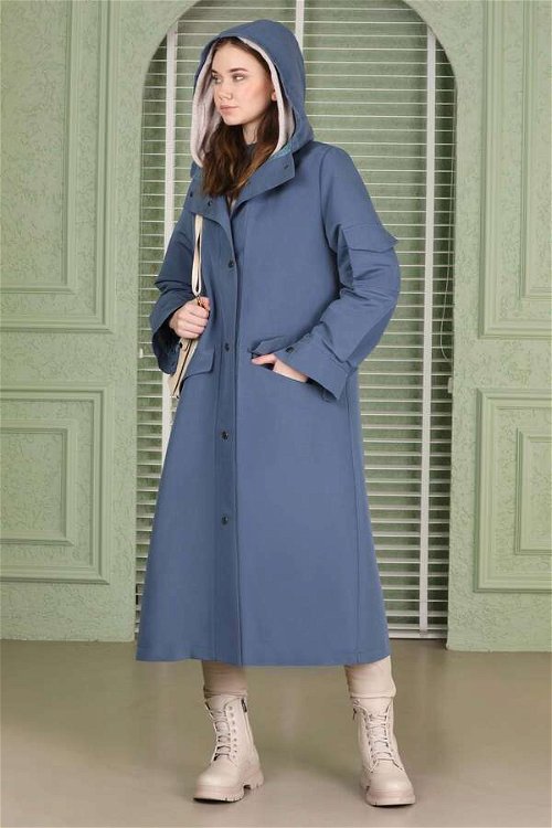 Hooded With Pockets Trench İndigo
