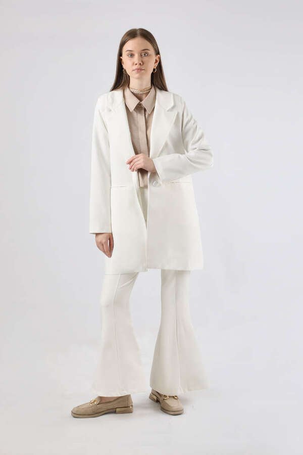 Zulays - İspanyol Paça Ceket Pantolon Takım Beyaz