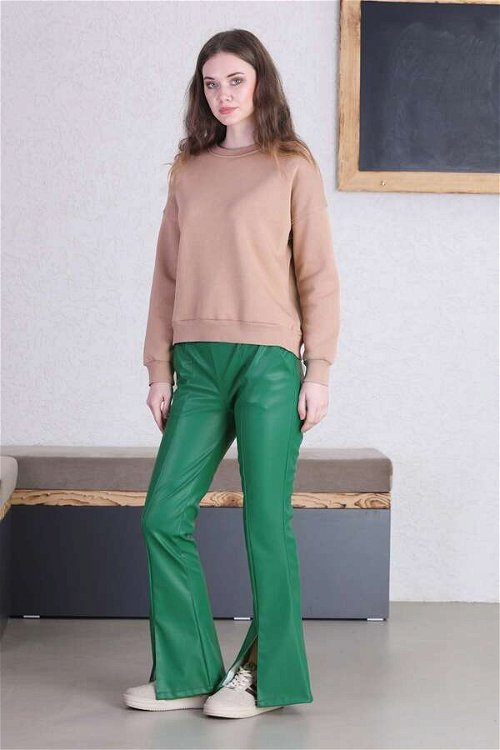 İspanyol Paça Deri Pantolon Yeşil