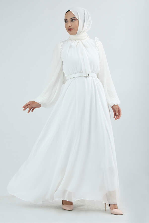 Kemeri Taşlı Elbise Beyaz