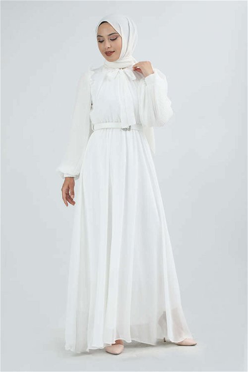 Kemeri Taşlı Elbise Beyaz