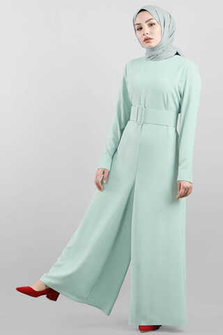 Zulays - Belted Plain Jumpsuit Water Green