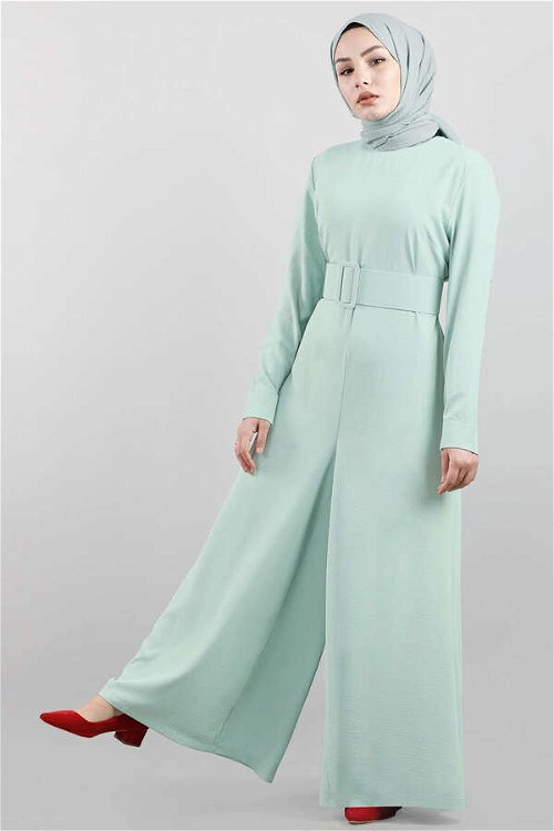 Belted Plain Jumpsuit Water Green