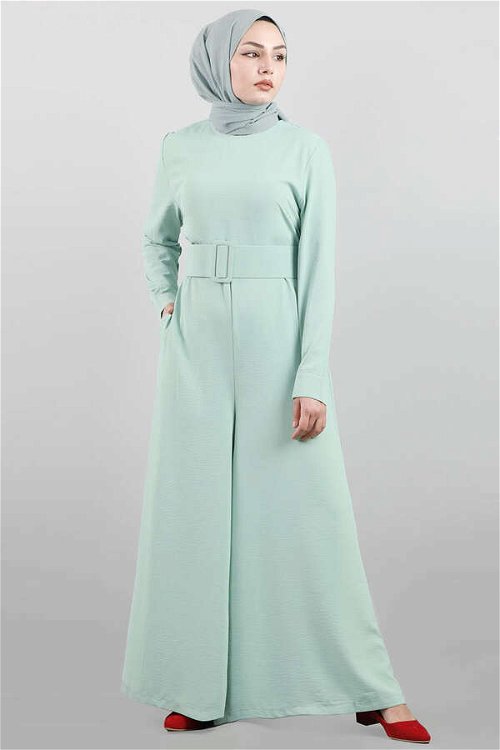 Belted Plain Jumpsuit Water Green