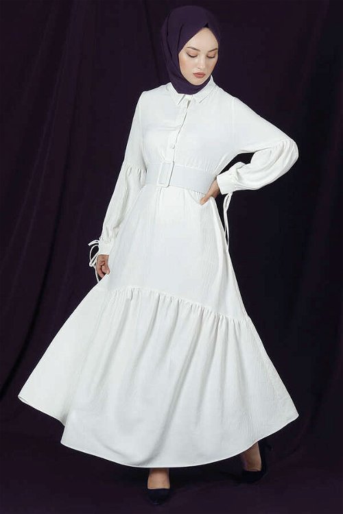 Kemerli Kol Detaylı Elbise Beyaz