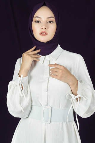 Kemerli Kol Detaylı Elbise Beyaz - Thumbnail