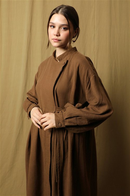 Zulays - Kruvaze Bağlamalı Müslin Elbise Kahverengi