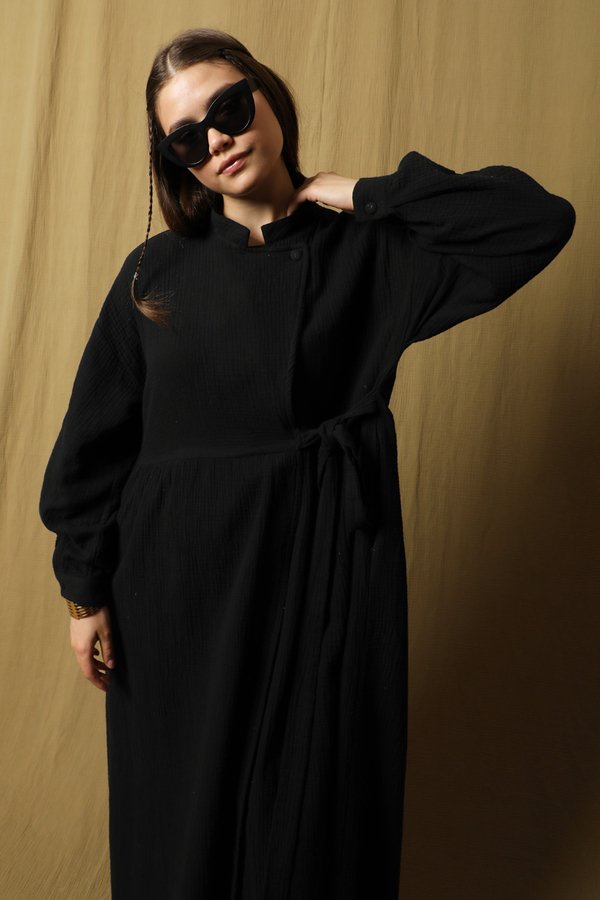 Zulays - Kruvaze Bağlamalı Müslin Elbise Siyah