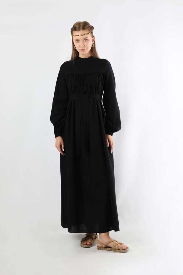 Zulays - Kuşaklı Büzgülü Elbise Siyah