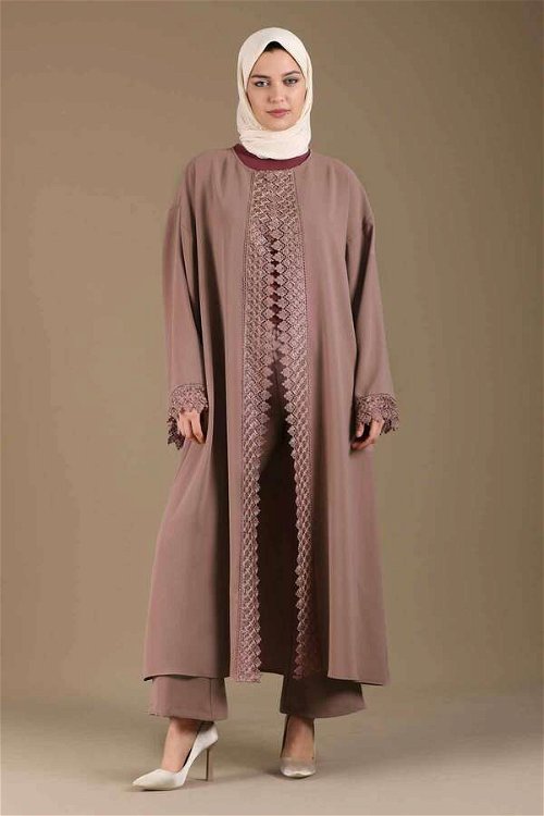 Lace Detailed Abaya Suit Dried Rose