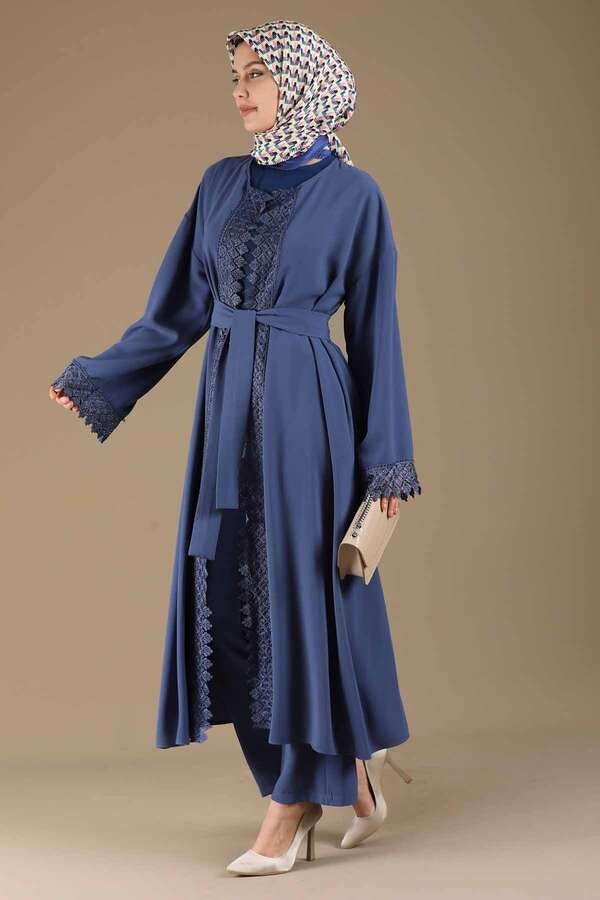 Lace Detailed Abaya Suit İndigo