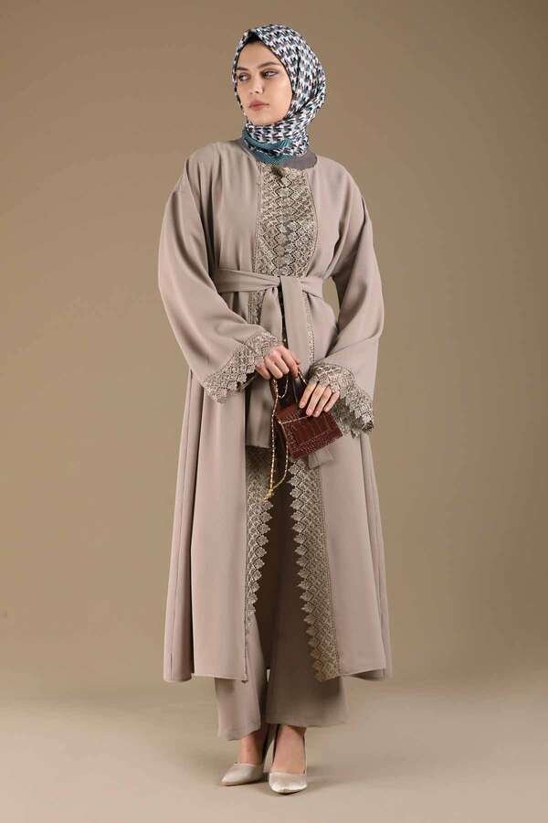 Lace Detailed Abaya Suit Mink
