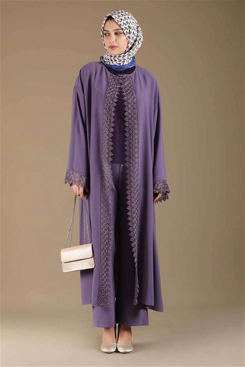 Lace Detailed Abaya Suit Purple