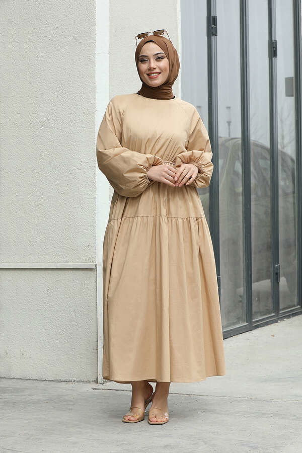 Lastikli Poplin Elbise Camel