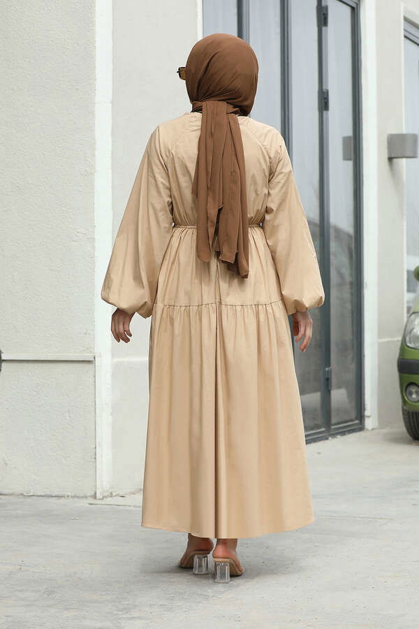 Lastikli Poplin Elbise Camel