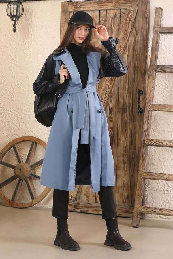 Zulays - Leather Detailed Trench Coat Blue
