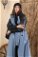 Leather Detailed Trench Coat Blue - Thumbnail