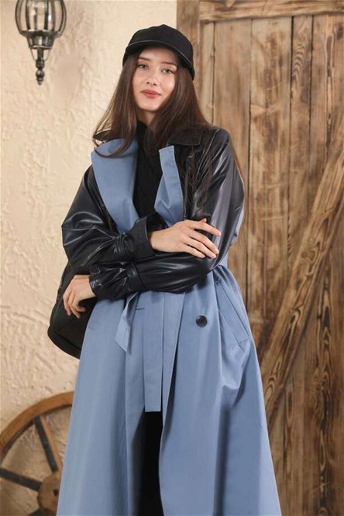 Leather Detailed Trench Coat Blue