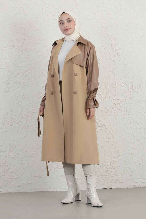 Zulays - Leather Detailed Trench Coat Camel