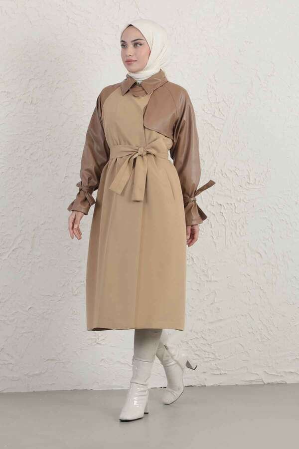 Leather Detailed Trench Coat Camel
