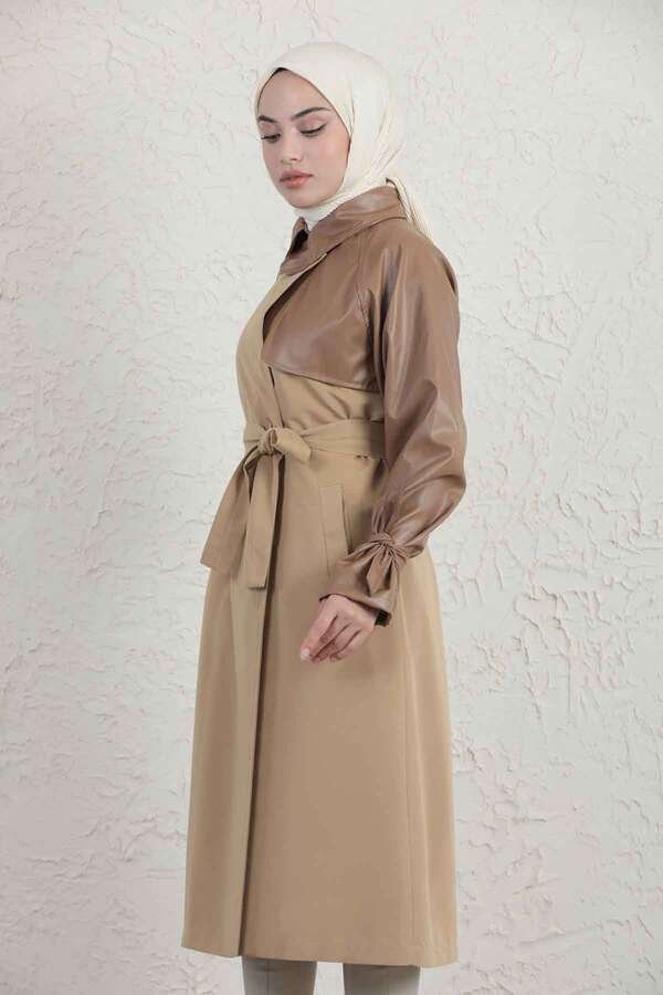Leather Detailed Trench Coat Camel
