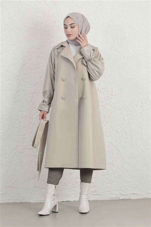 Leather Detailed Trench Coat Stone