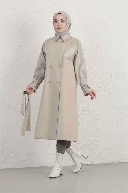 Leather Detailed Trench Coat Stone