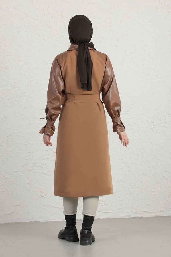 Leather Detailed Trench Coat Tan