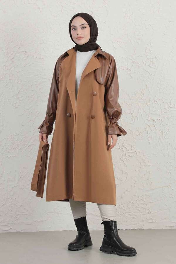 Leather Detailed Trench Coat Tan