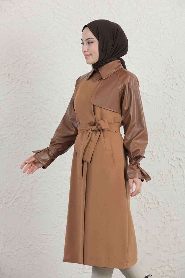 Leather Detailed Trench Coat Tan