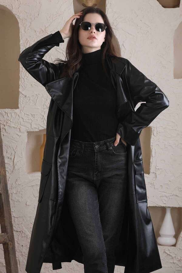 Long Leather Trench Black