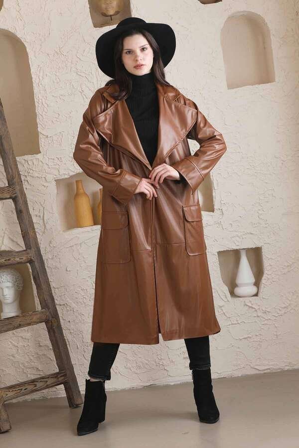 Long Leather Trench Brown