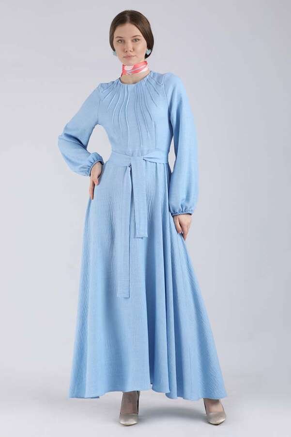 Zulays - Nervür Detaylı Kloş Elbise Mavi