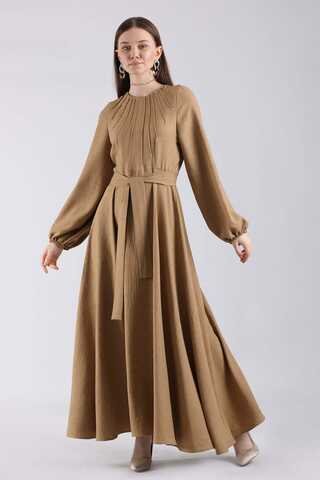 Nervür Detaylı Kloş Elbise Taba - Thumbnail