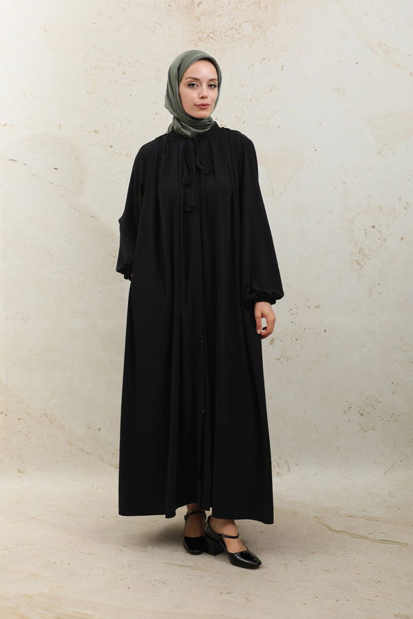 Zulays - Omzu Pileli Fularlı Elbise Siyah