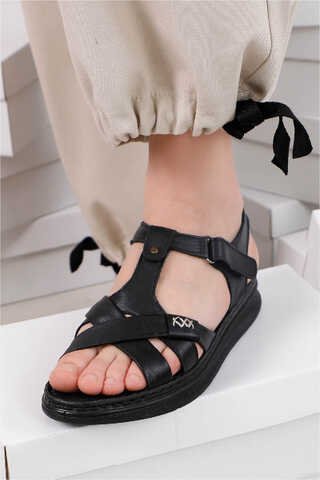 Örgü Şeritli Sandalet Siyah - Thumbnail