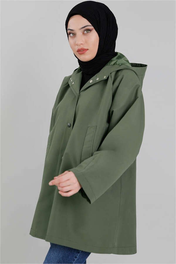 Oversize Hooded Short Trench Coat Khaki