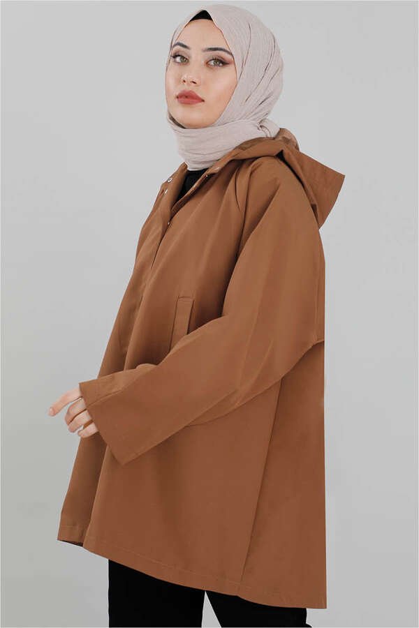 Oversize Hooded Short Trench Coat Tan