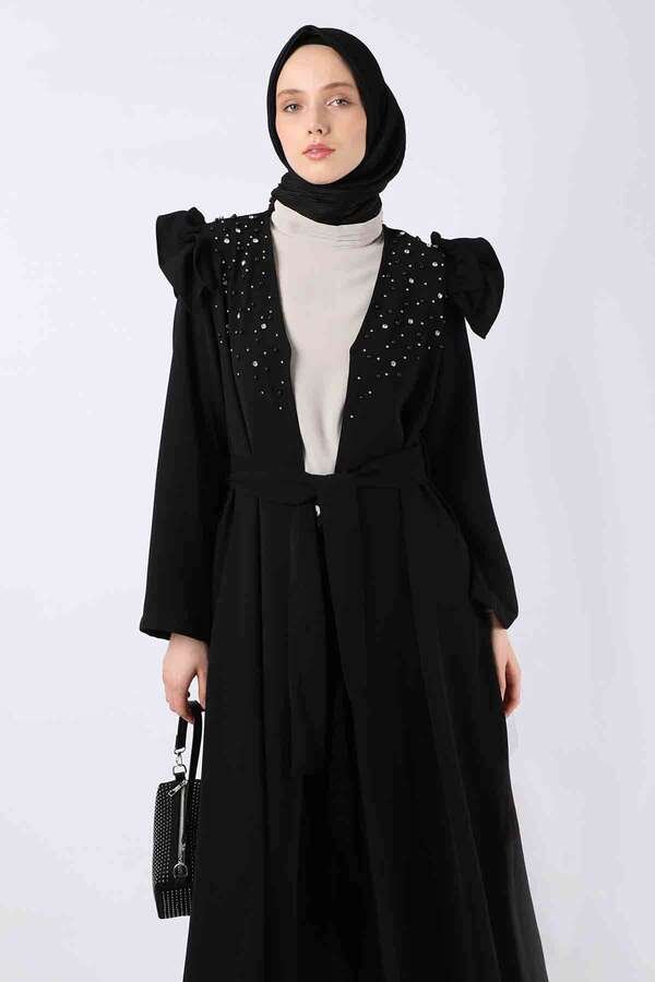 Pearl Embroidered Abaya Suit Black