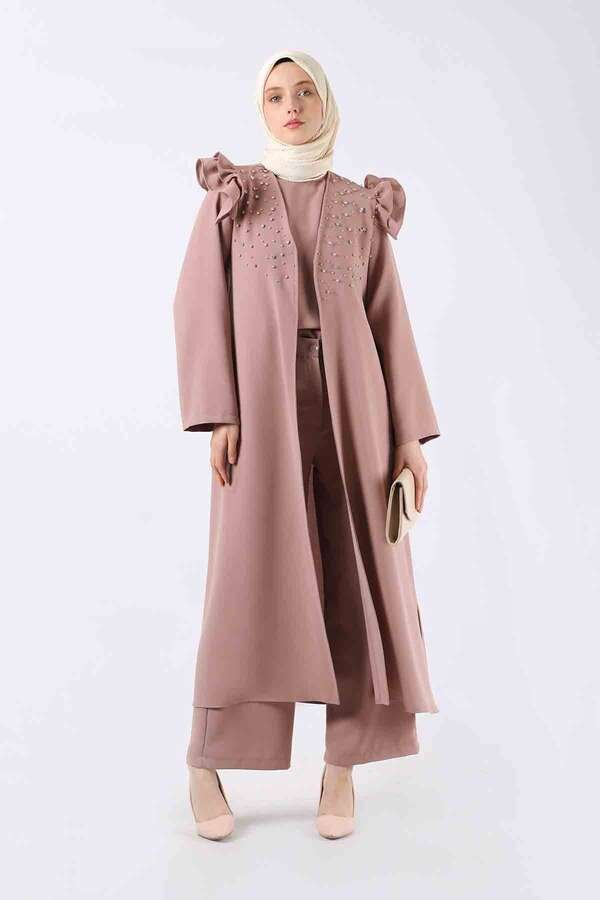 Pearl Embroidered Abaya Suit Dried Rose