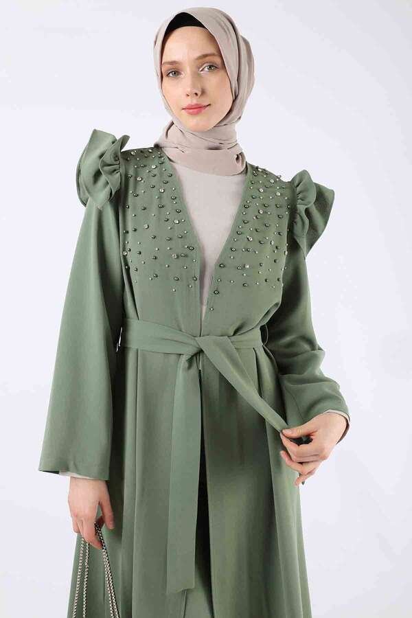 Pearl Embroidered Abaya Suit Khaki