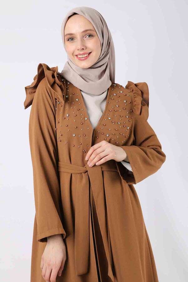Pearl Embroidered Abaya Suit Tan