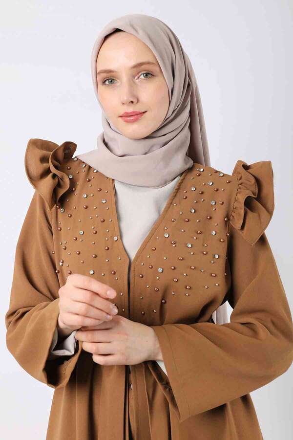 Pearl Embroidered Abaya Suit Tan