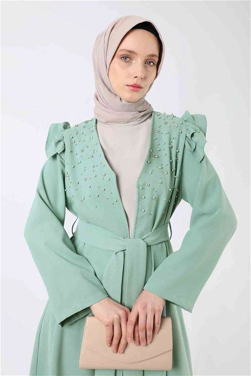 Pearl Embroidered Abaya Suit Water Green