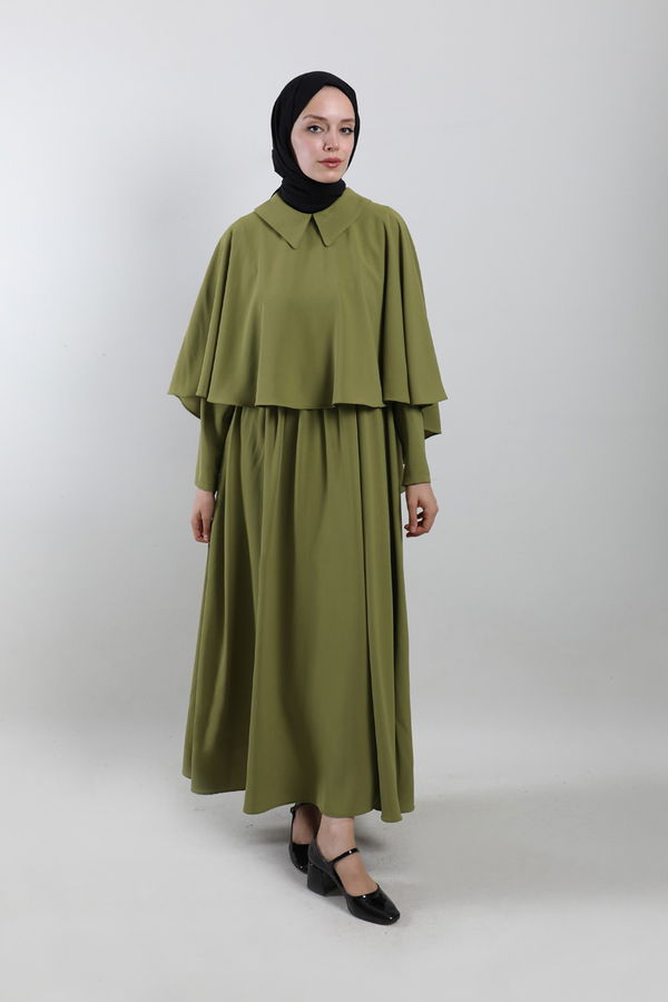 Zulays - Pelerinli Elbise Yağ Yeşili