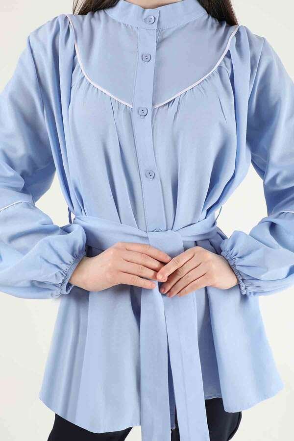 Piping Detail Belted Shirt Baby Blue