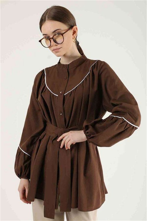 Piping Detail Belted Shirt Brown