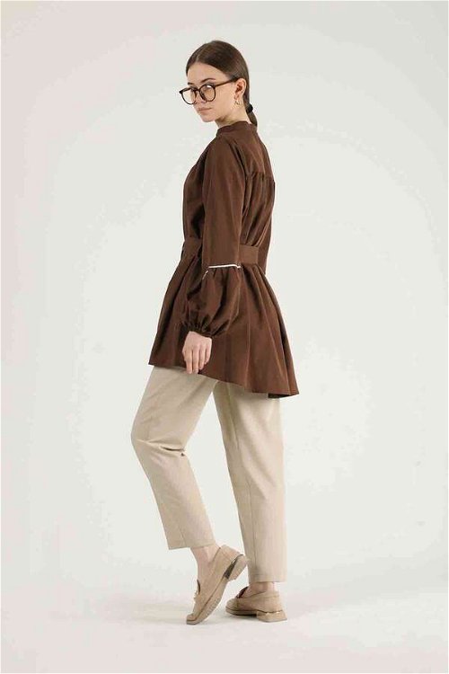 Piping Detail Belted Shirt Brown