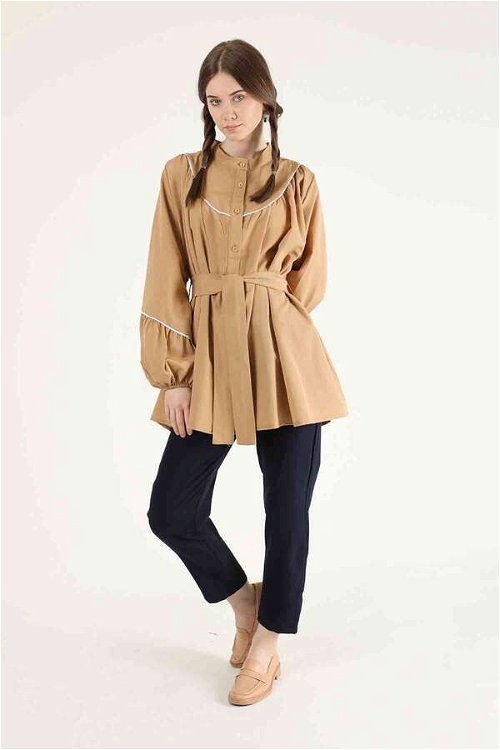 Piping Detail Belted Shirt Camel